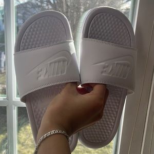 All White Nike Slides